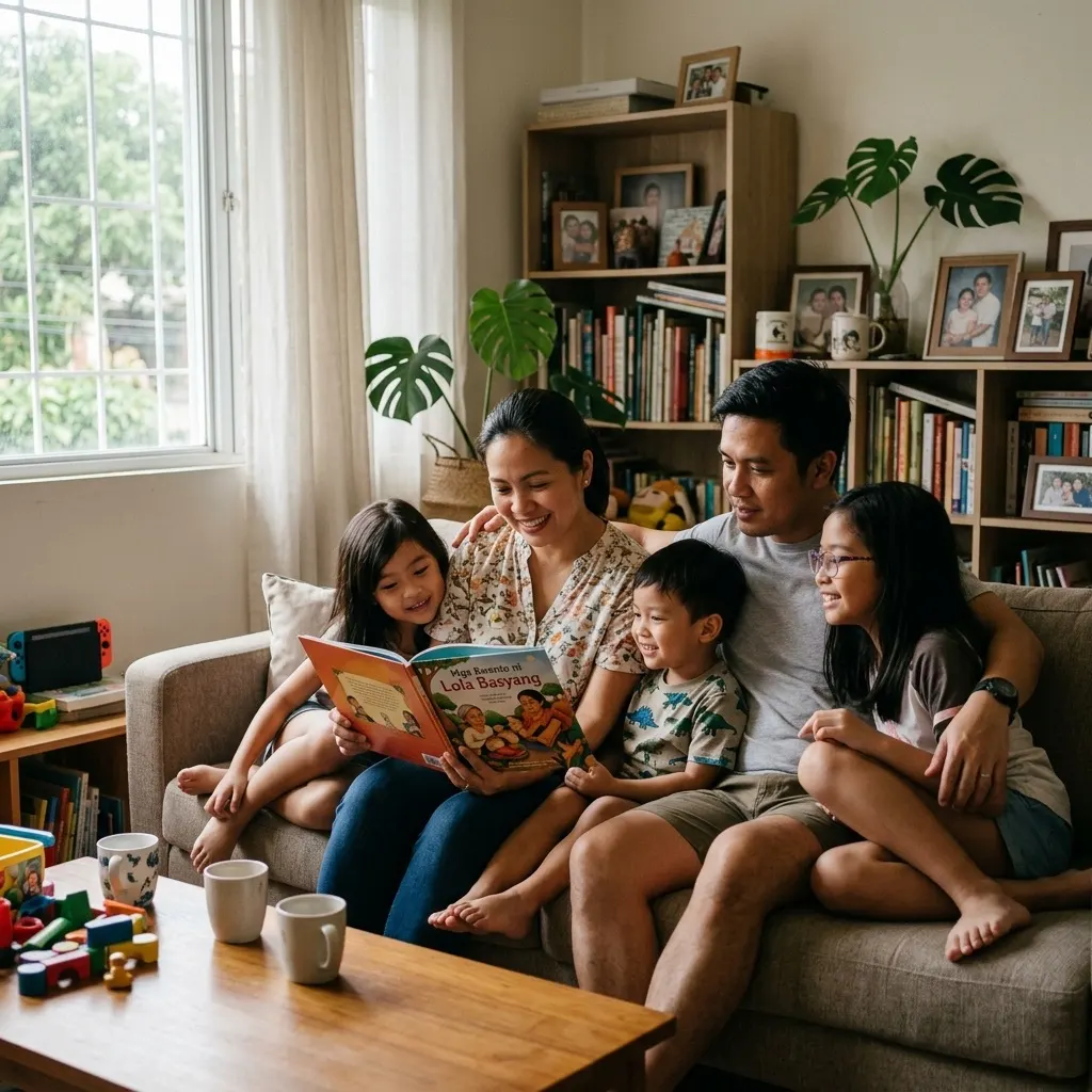 A family reading a picture book together, smiling